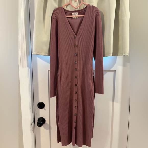 Mauve Ribbed Midi Button Down Fitting Long Sleeve Dress Small - Picture 3 of 4